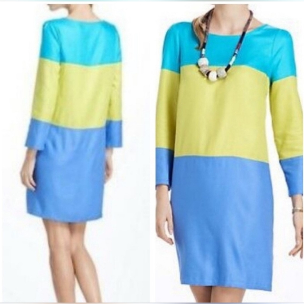 MAEVE Anthropologie Sz 4 Colorblock Striped Long Sleeved Shift Dress Teal Blue